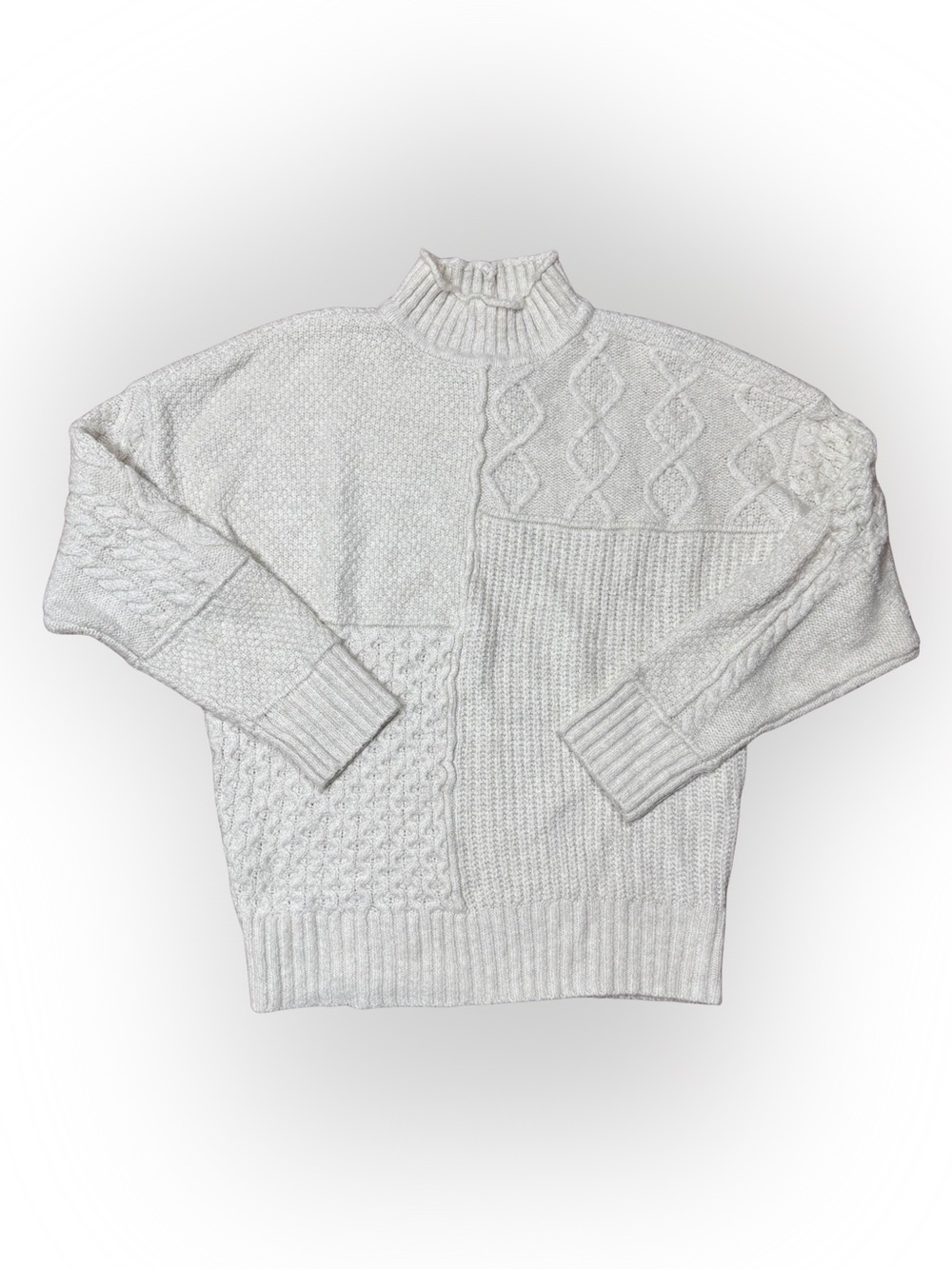 American Eagle SMALL Cable Knit Mock Neck Cream Pullover Sweater Patchwork
